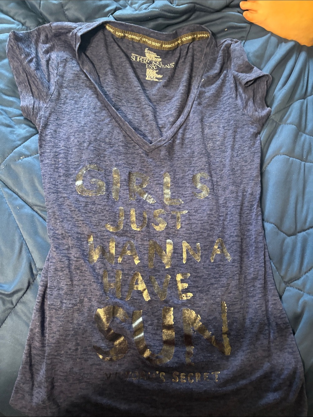Victoria's Secret Navy V-Neck Tee with Gold Foil Graphic